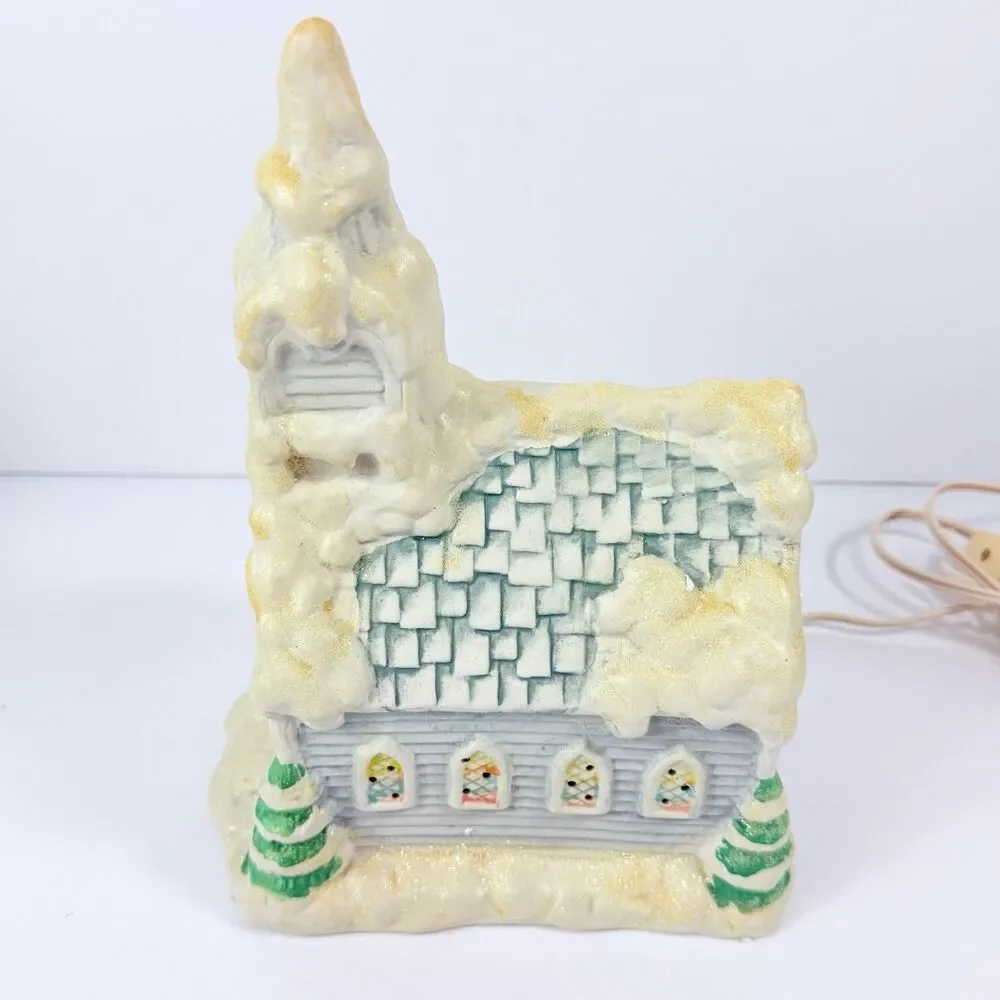 Vintage Lighted Porcelain Christmas Church Village Decor w Box Snowy Chapel Work